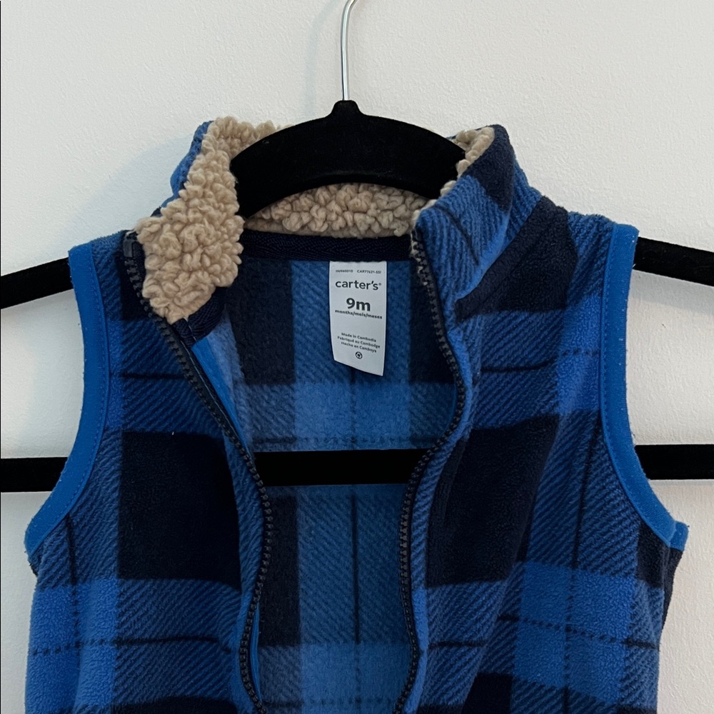 carter’s blue plaid zip up layering vest sherpa collar, size 9m